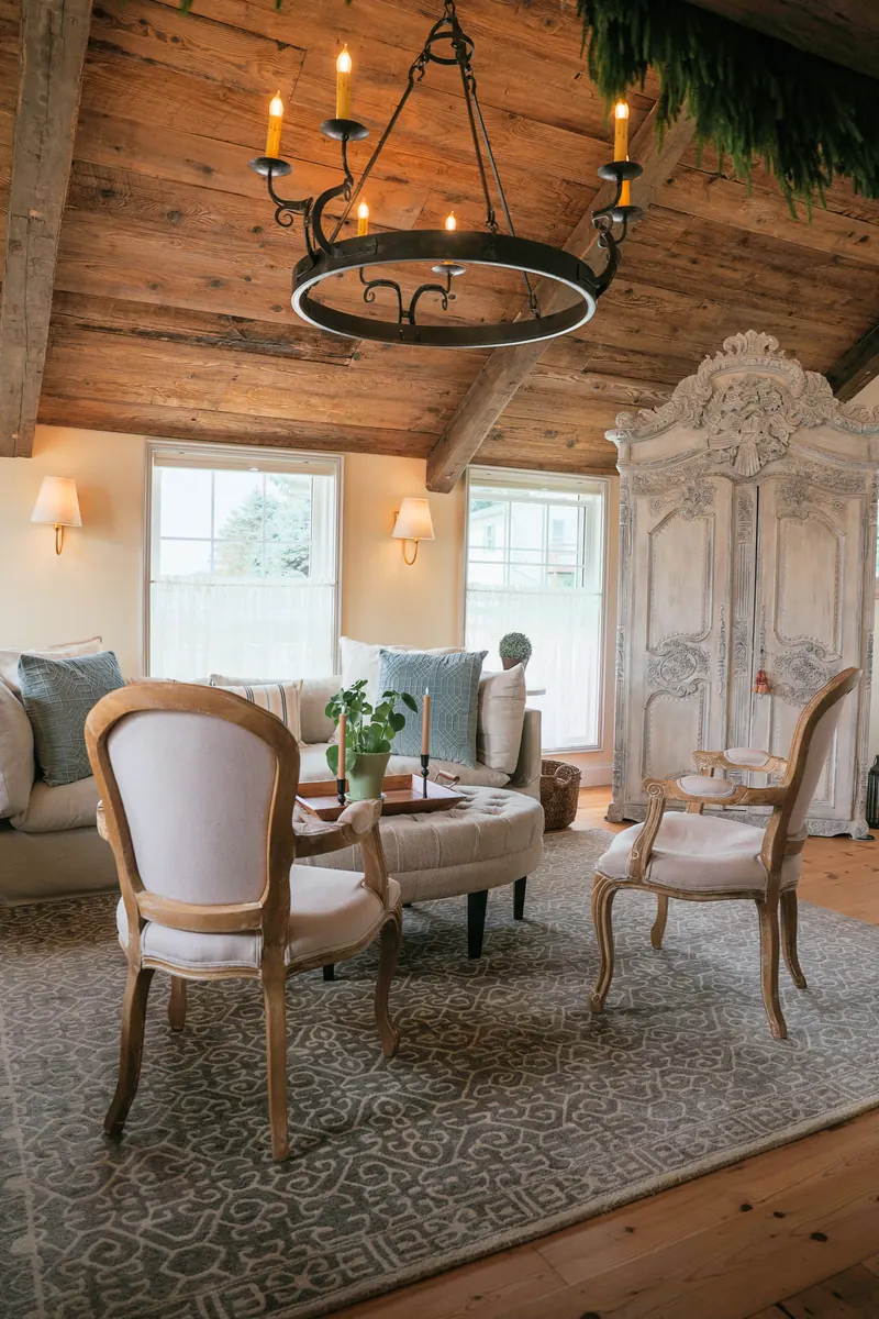 The living room — armchairs and a carved armoire under a beamed ceiling.